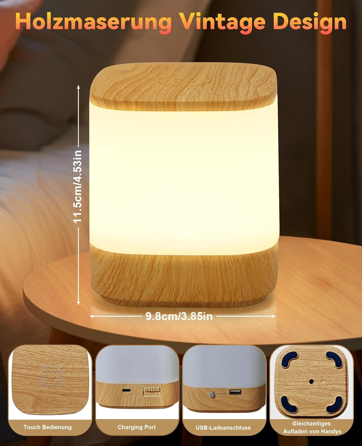 Drewniana lampa z obsługą dotykową, portem ładowania i portem USB. Wyświetlane są wymiary.