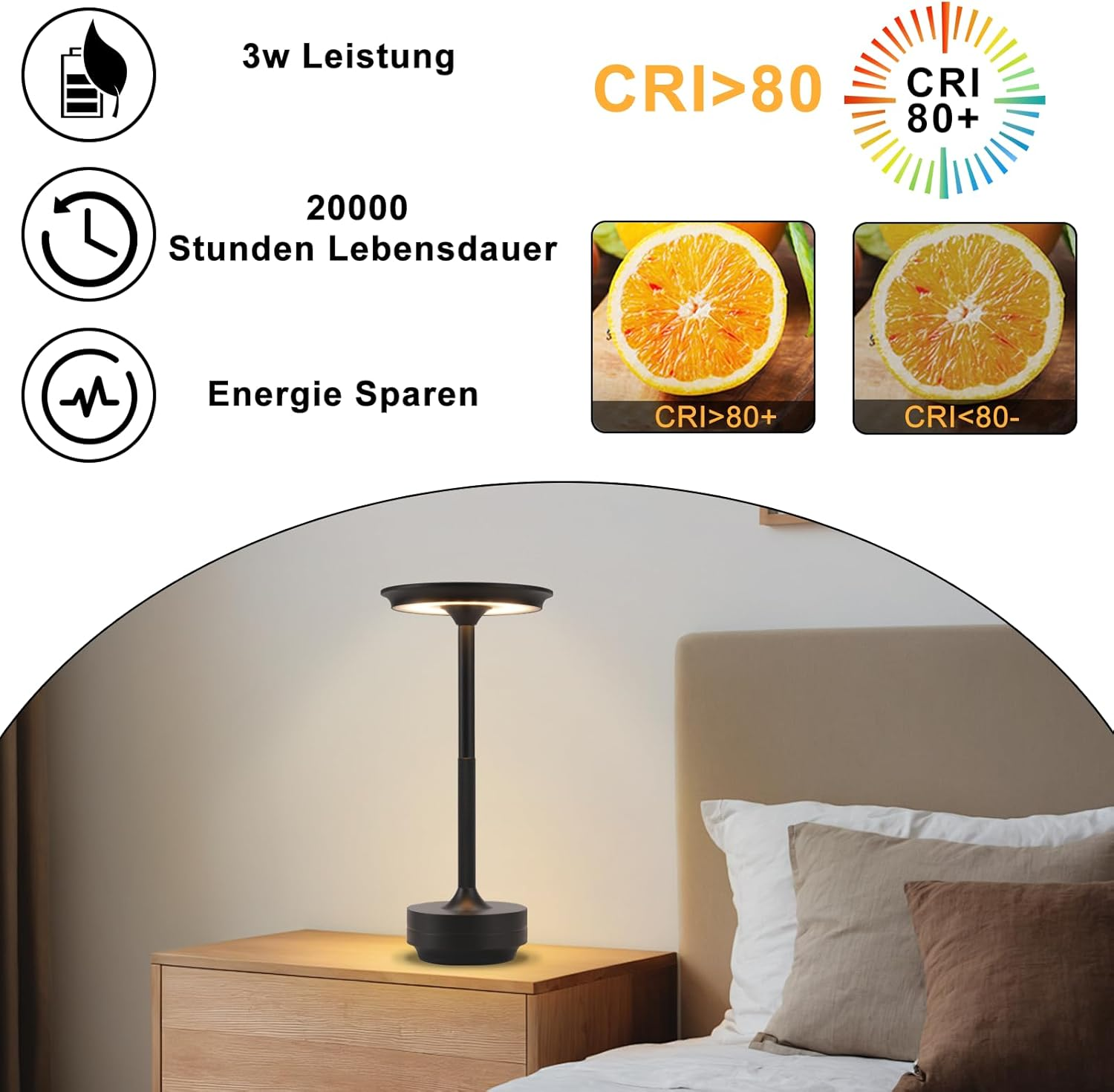 Lampa na stoliku nocnym, pokazująca szczegóły lampy i wskaźnik oddawania barw światła.