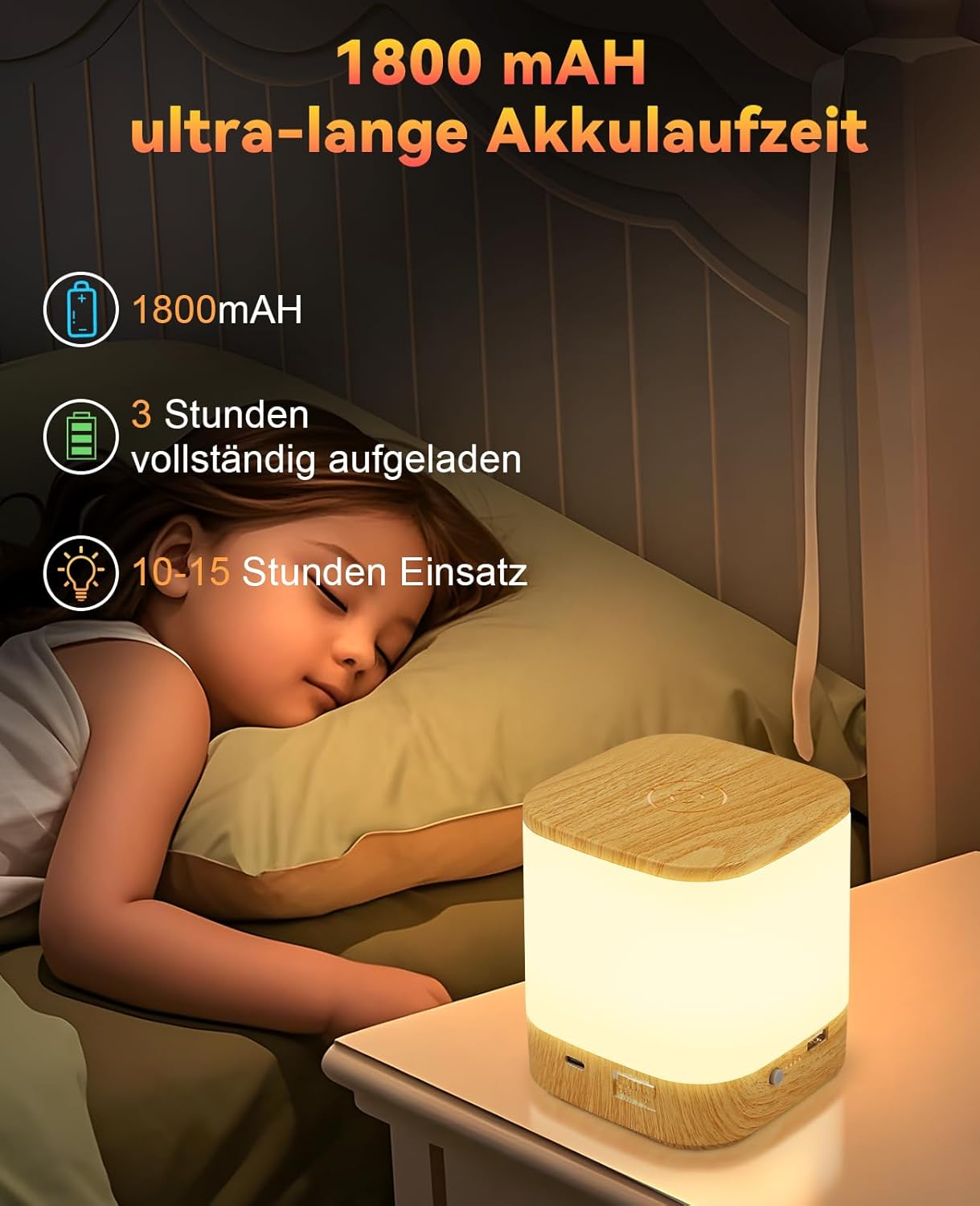 Śpiące dziecko obok drewnianej lampy, z tekstem wskazującym na żywotność baterii i zużycie energii.