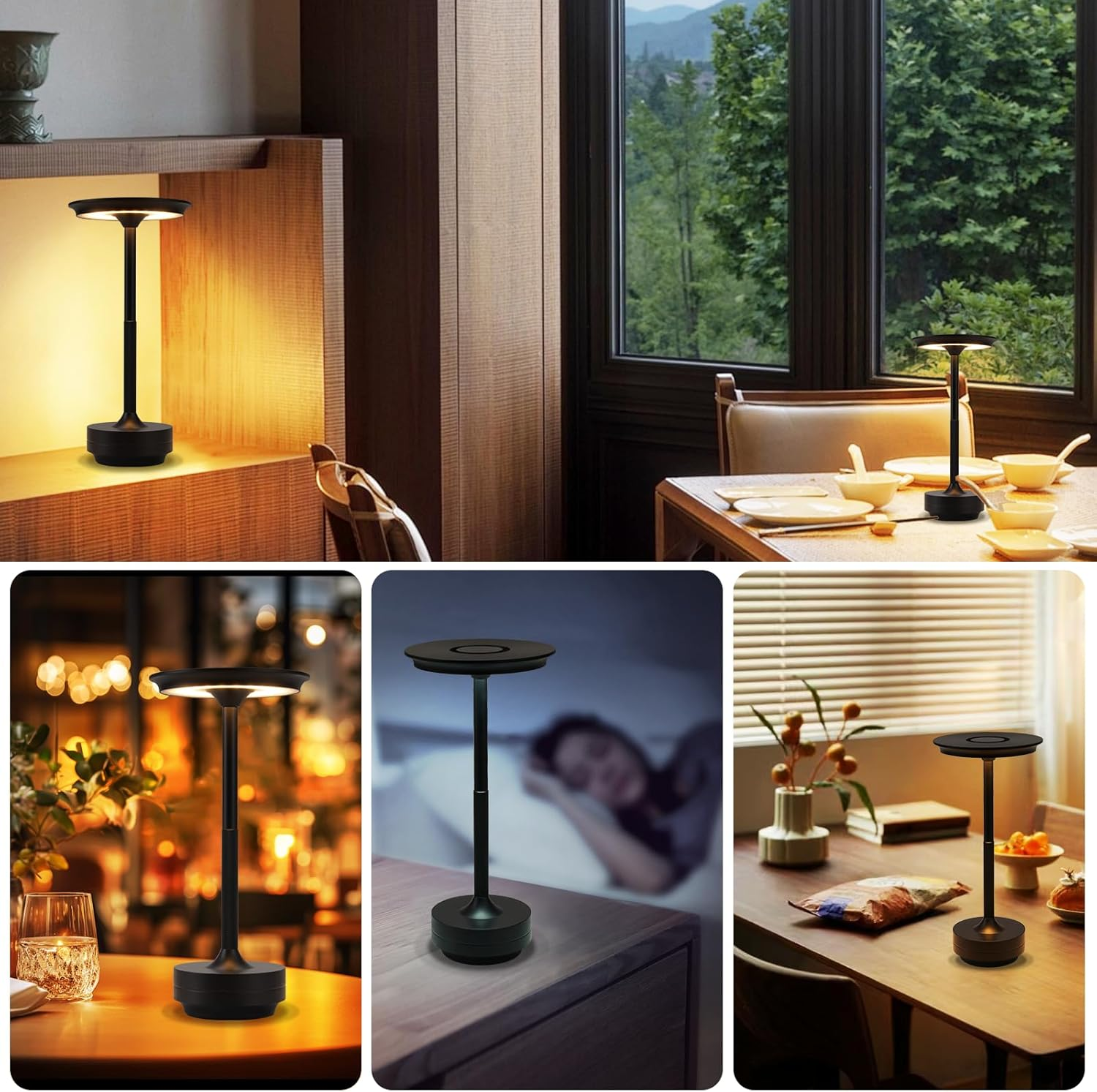 Wiele zdjęć czarnej lampy w różnych ustawieniach: stół, jadalnia i stolik nocny.