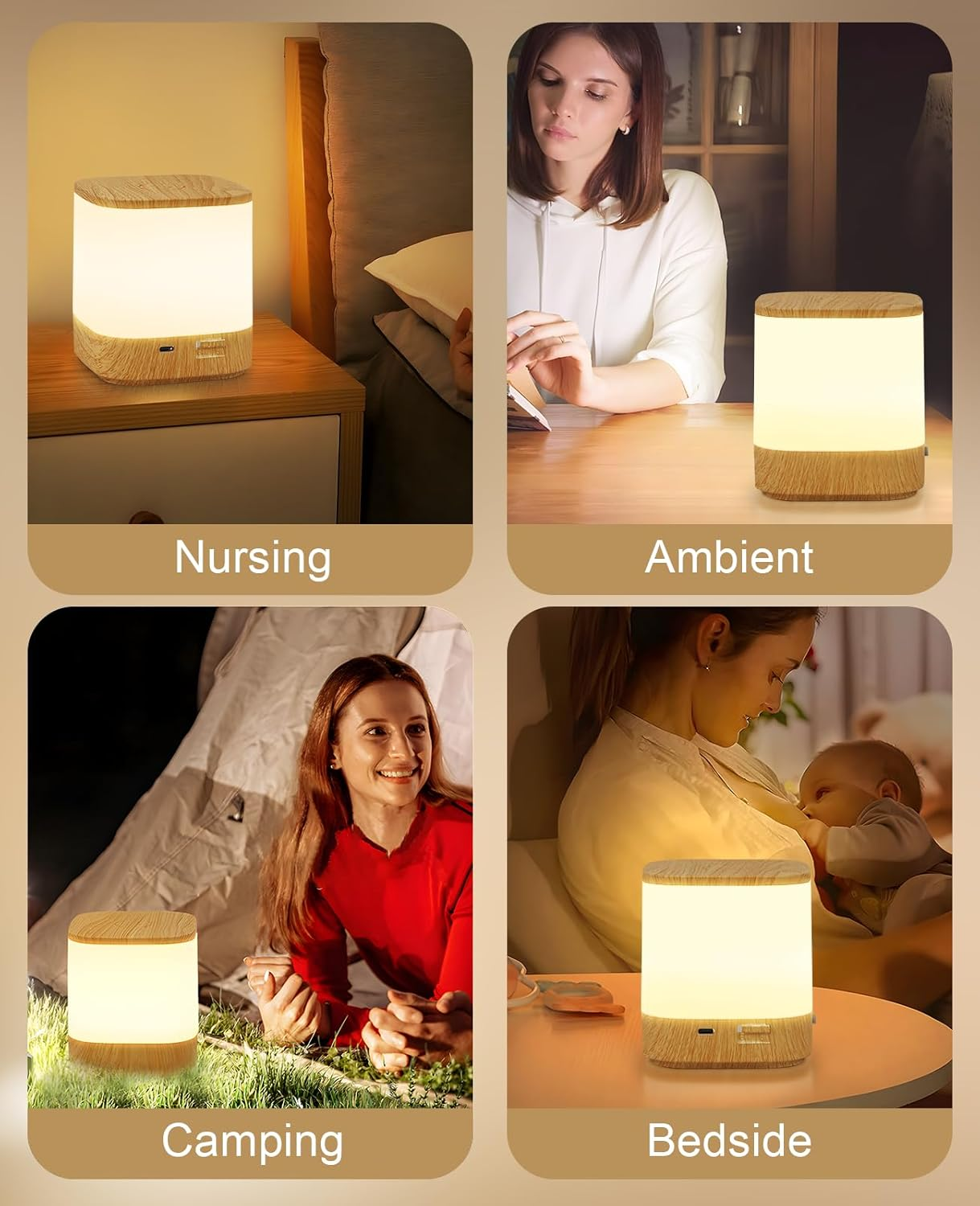 Cztery sceny przedstawiające małą lampę w różnych ustawieniach: karmienie piersią, otoczenie, kemping i przy łóżku.