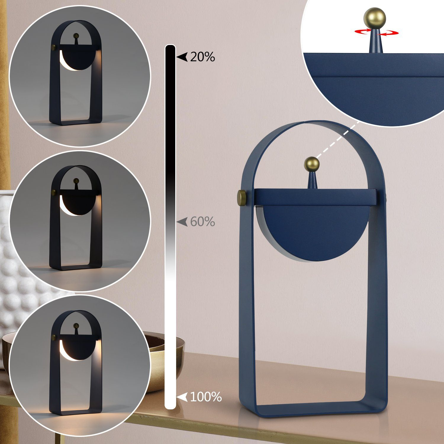 Zbliżenie niebieskiej lampy z uchwytem. Ma półokrągły klosz. Pokazano różne natężenia światła.