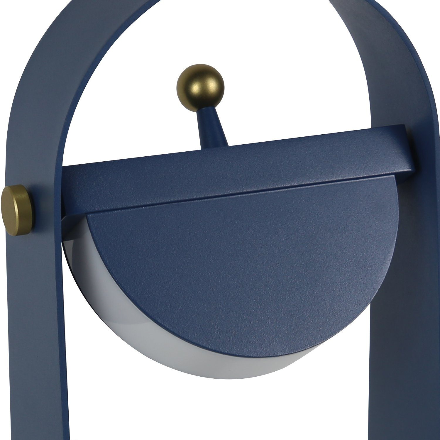 Zbliżenie niebieskiej lampy z uchwytem. Widoczny jest półokrągły klosz.