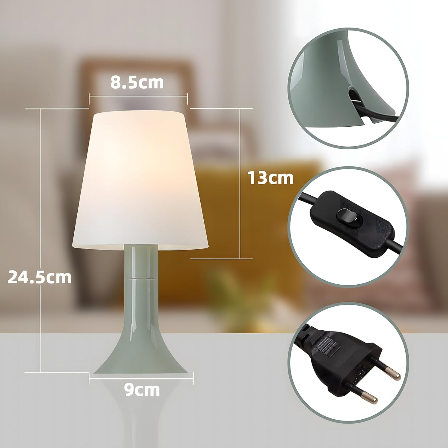 Lampa z oznaczonymi wymiarami: wysokość 24,5 cm, podstawa 9 cm i klosz 8,5 cm szerokości. Pokazuje również włącznik i wtyczkę.