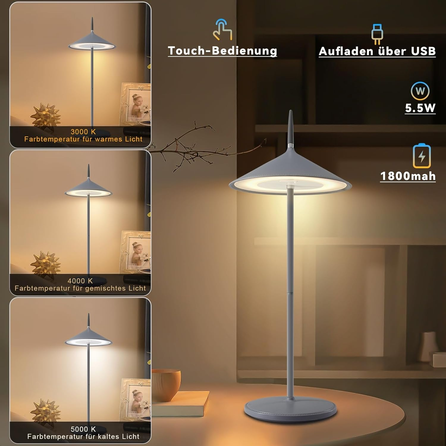 Trzy lampy: jedna włączona, jedna wyłączona i jedna ze szczegółami dotyczącymi sterowania dotykowego i ładowania USB.