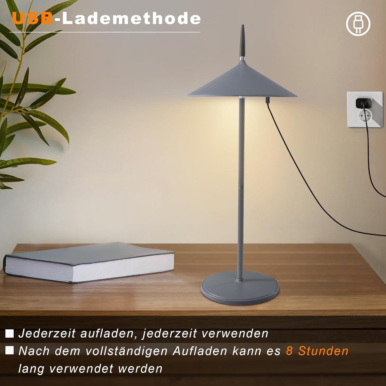 Lampa z szarym abażurem podłączona do ściany. Tekst o ładowaniu i użytkowaniu.