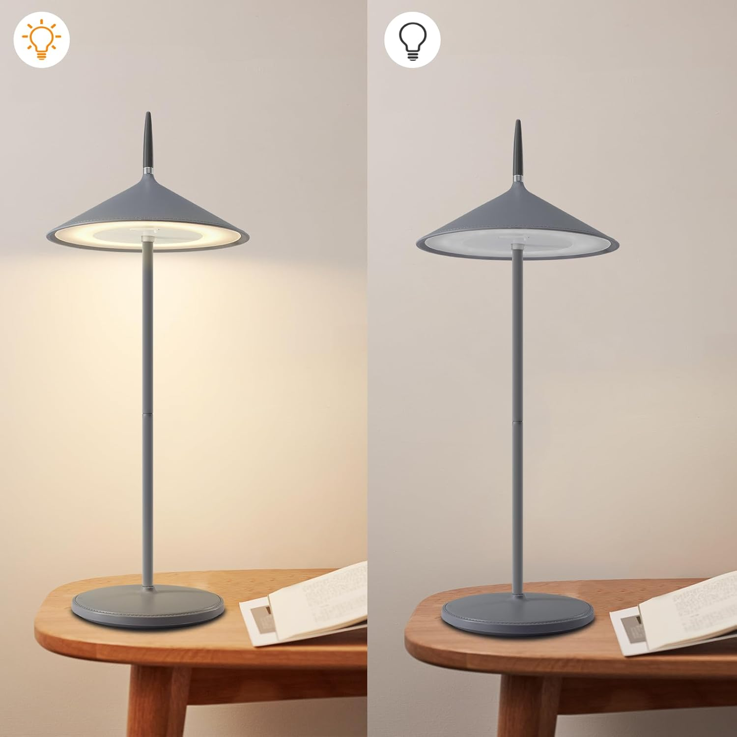 Lampa z szarym kloszem, włączona i wyłączona, na drewnianym stole.