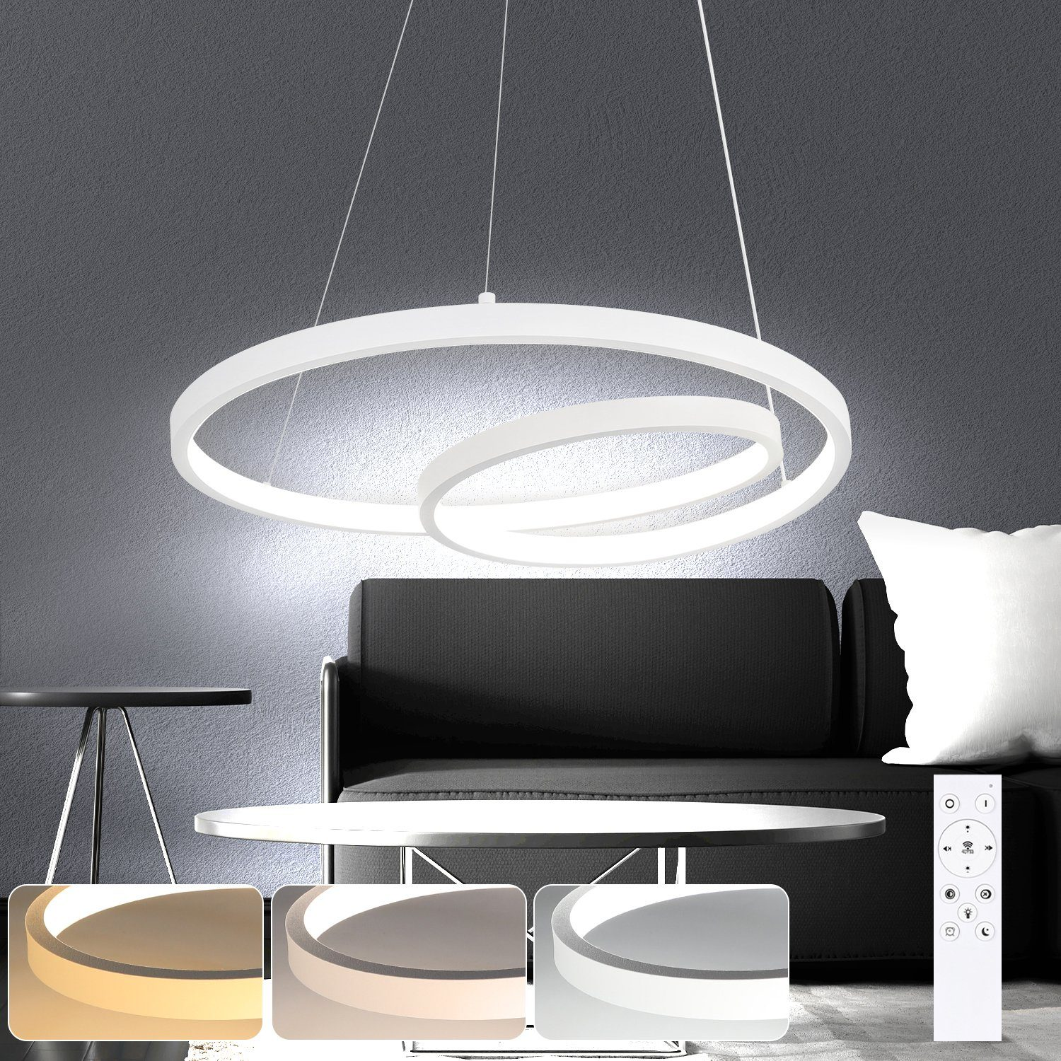 Un'immagine multi-scena: lampada a sospensione bianca, soggiorno, sala da pranzo, divano e vari mobili.
