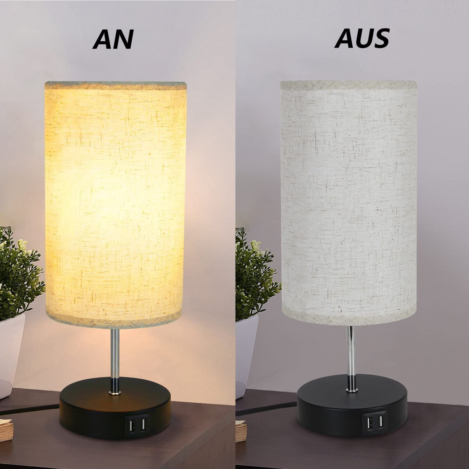 Lampa stołowa z beżowym kloszem jest włączona i wyłączona. Lampa ma srebrną podstawę i dwa porty USB.