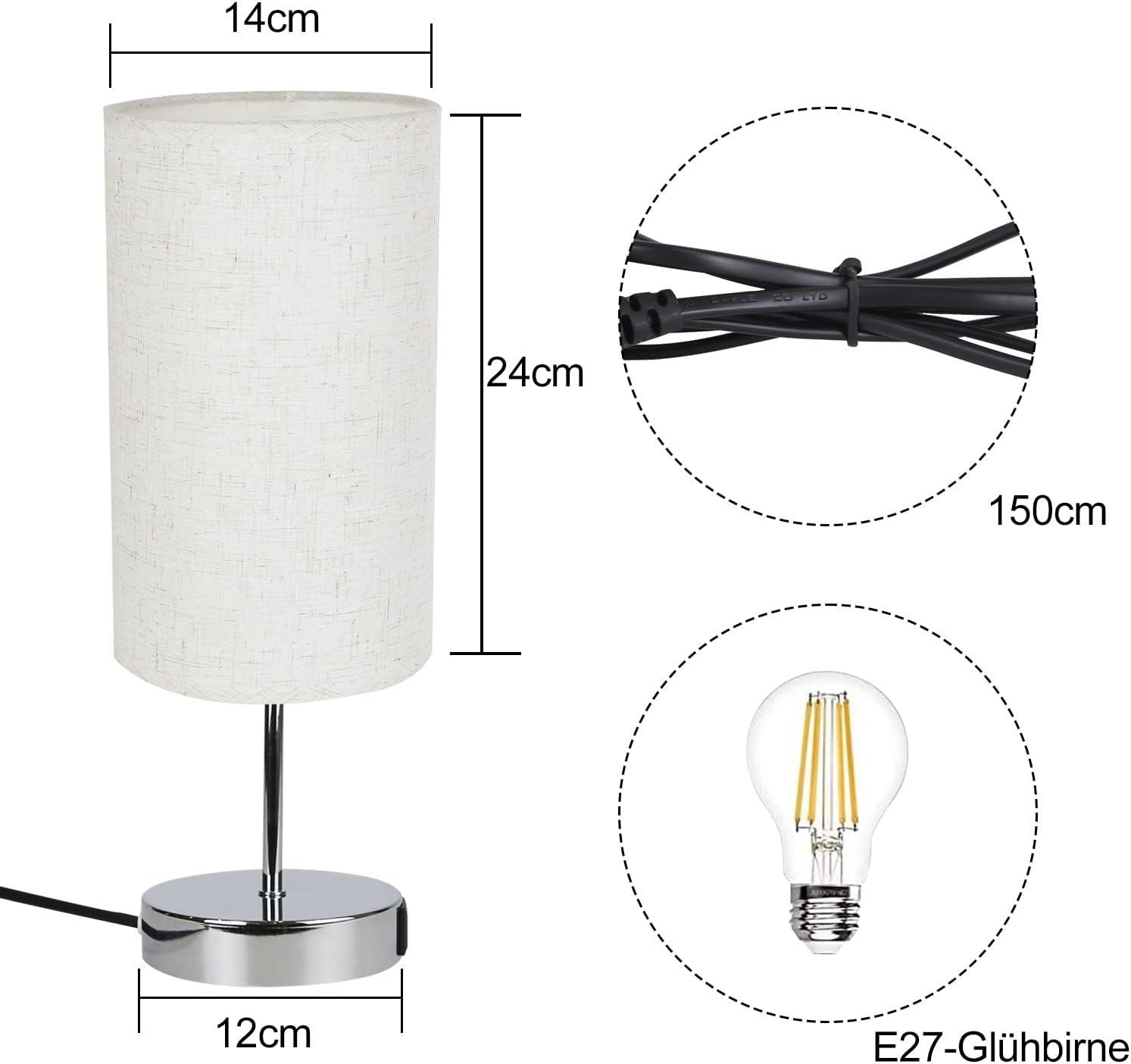 Lampa stołowa z beżowym kloszem, chromowanym trzonem i czarną podstawą. Dołączono wymiary.