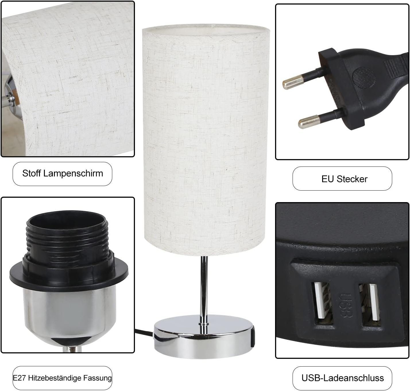 Różne elementy lampy, w tym klosz, wtyczka i podstawa z portami USB.