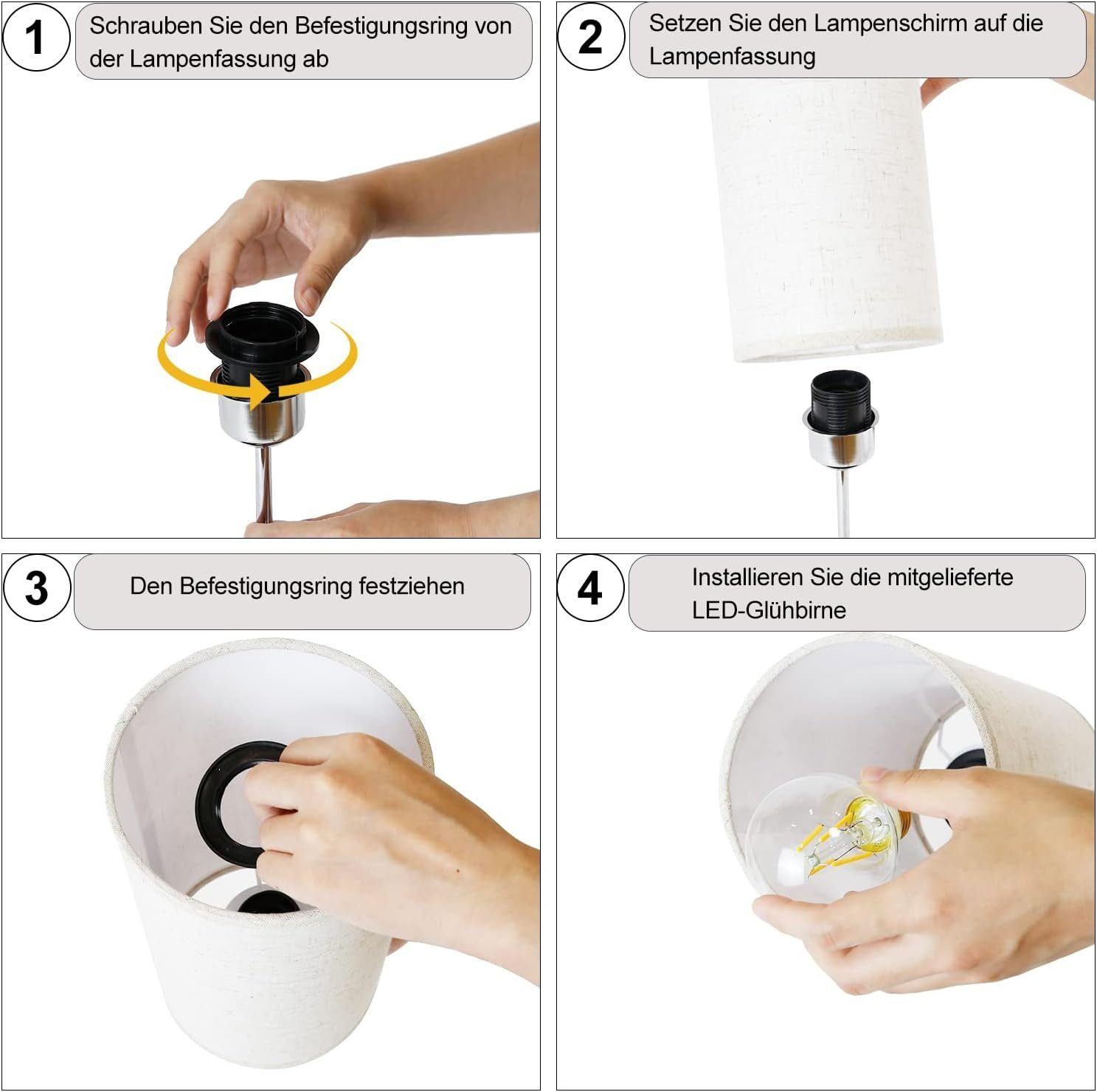 Cztery obrazy pokazujące, jak złożyć lampę stołową, w tym wkręcanie części i instalowanie żarówki.