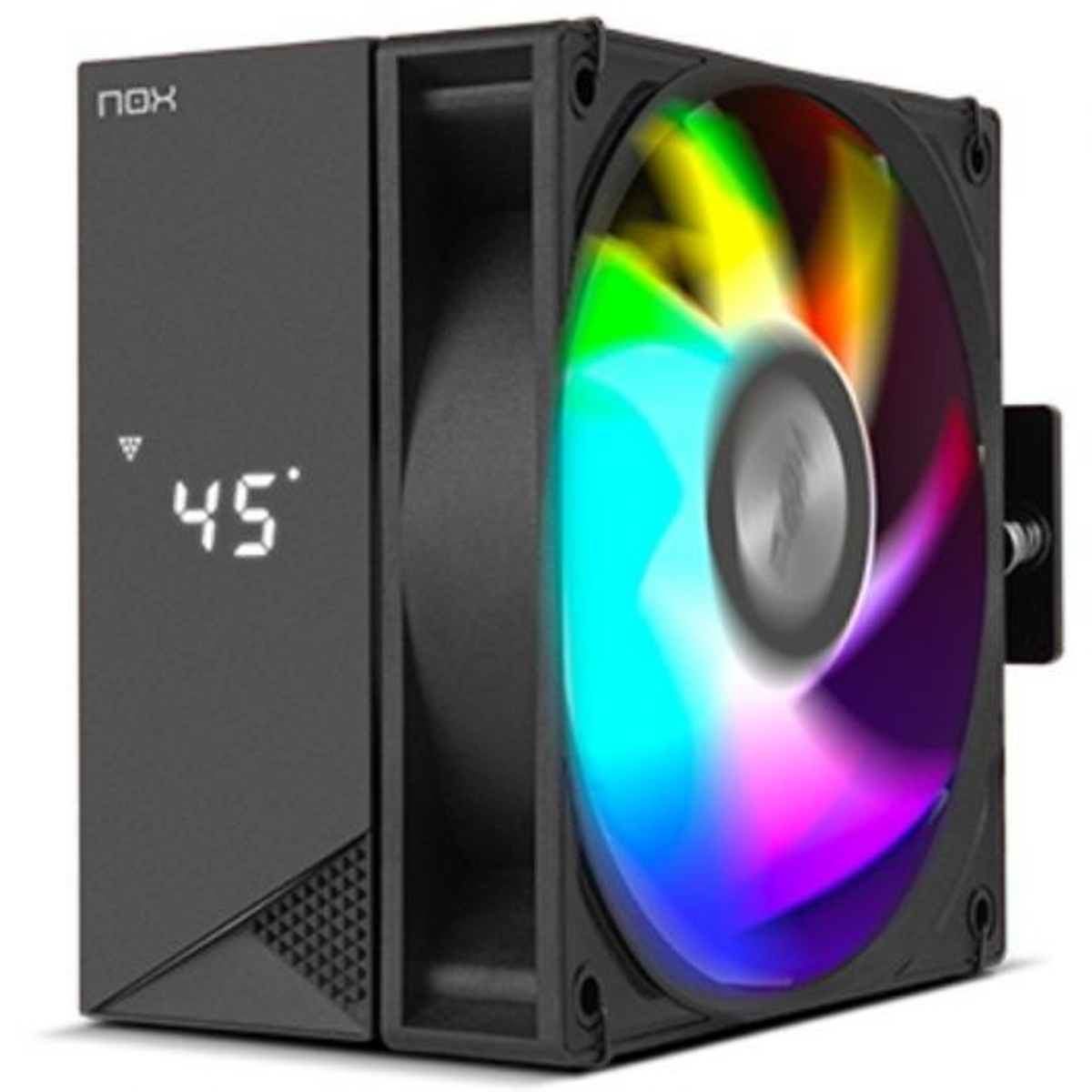 Un ventilador de computadora negro con una pantalla de luz de arcoíris, mostrando una lectura de temperatura de 45 grados en el lateral.