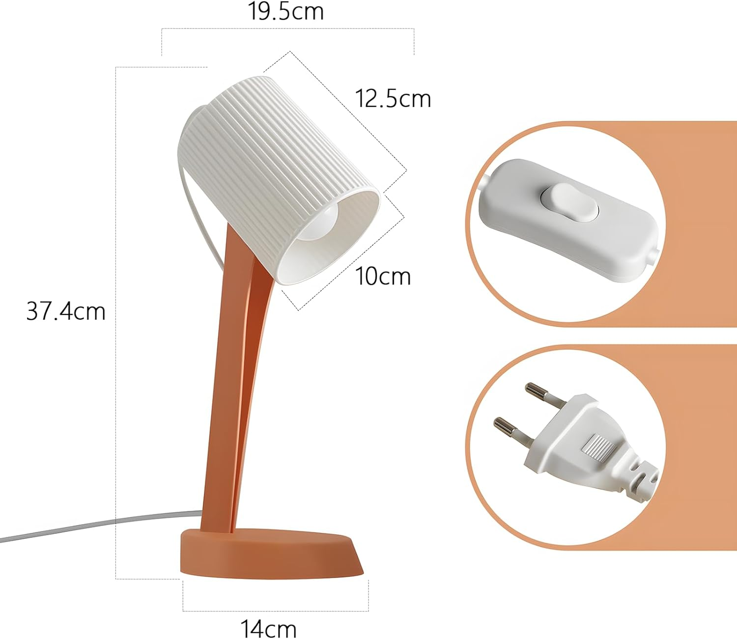 Pojedyncza pomarańczowa lampa z białym kloszem, spoczywająca na biurku. Widoczny jest włącznik, wtyczka i wymiary wokół lampy.