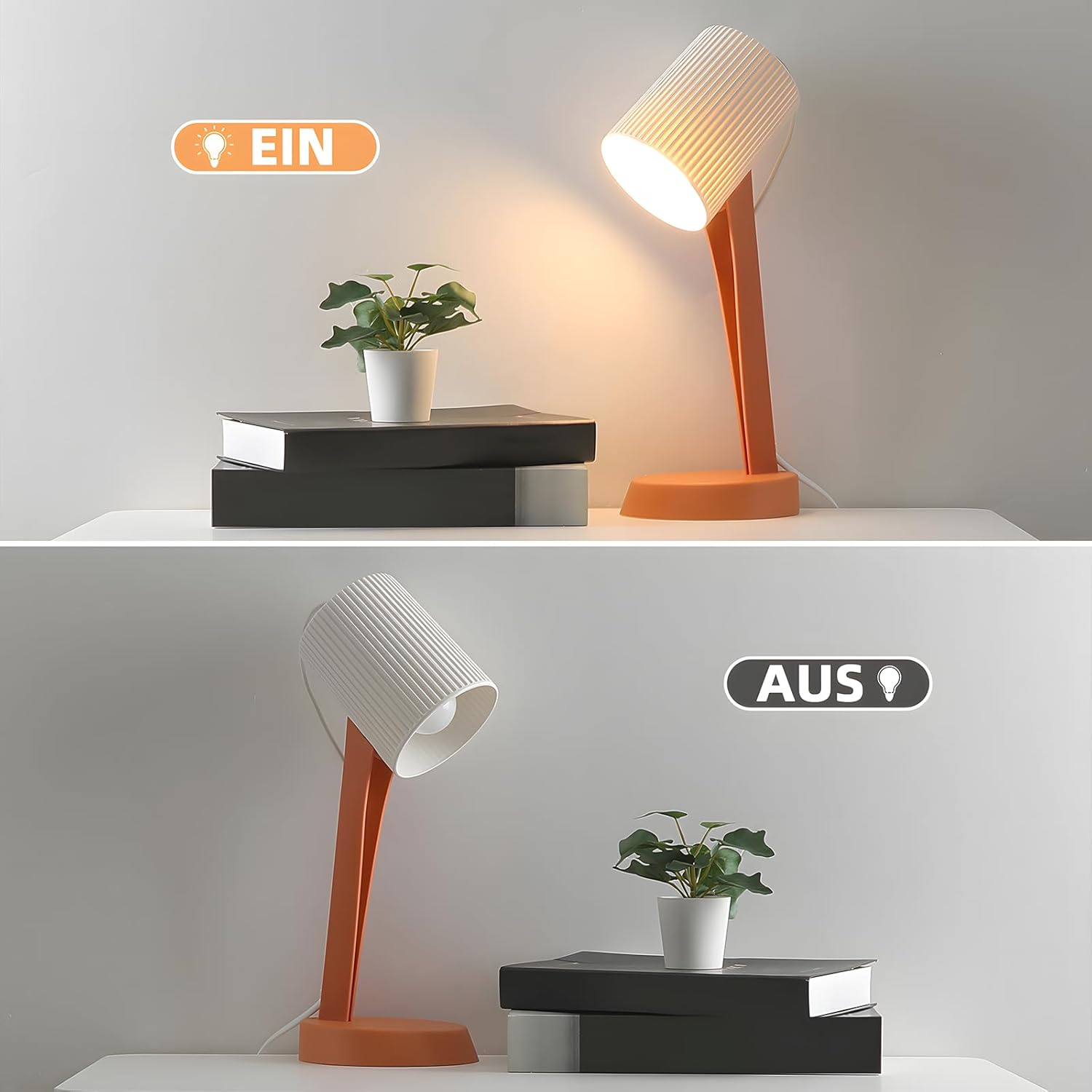 Dwa zdjęcia nowoczesnej pomarańczowo-białej lampy biurkowej, jeden włączony i jeden wyłączony, z rośliną i książkami.