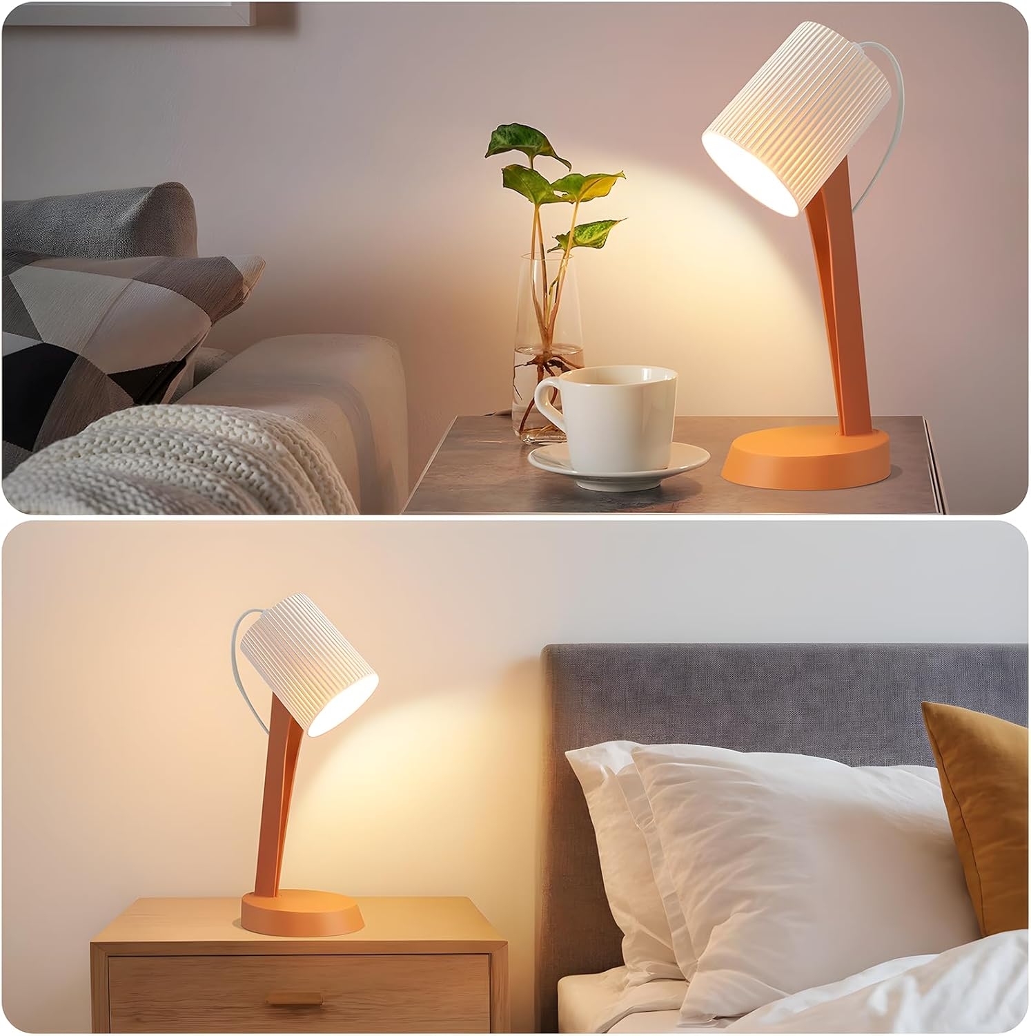 Pomarańczowa i biała lampa biurkowa na stole. W tle roślina i filiżanka.