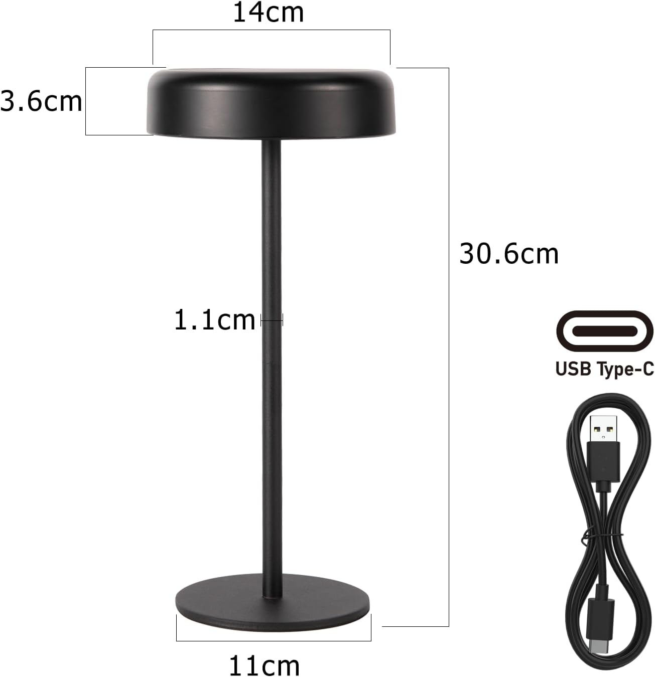 Diagram przedstawiający wymiary czarnej lampy i kabla USB.