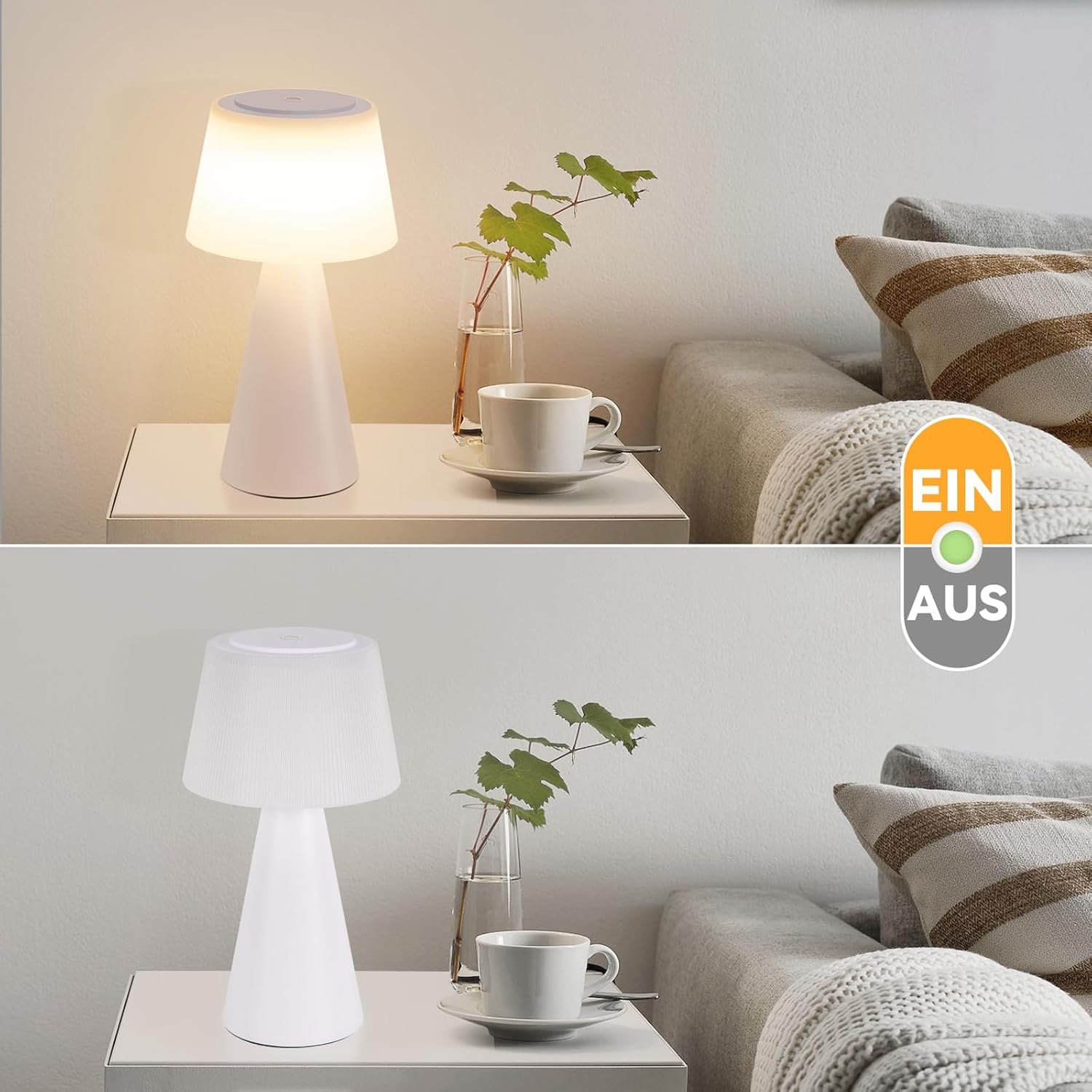 Biała lampa z białą podstawą i górą. Z boku znajduje się przełącznik do włączania i wyłączania.