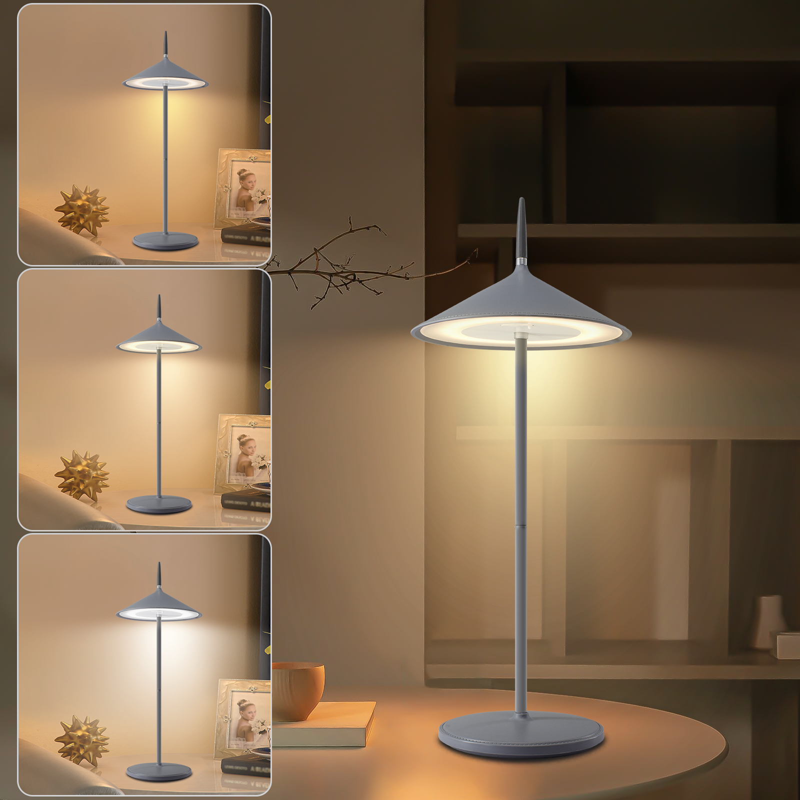 Lampa z regulowanymi ustawieniami światła. Kilka obrazów pokazuje różne poziomy światła.