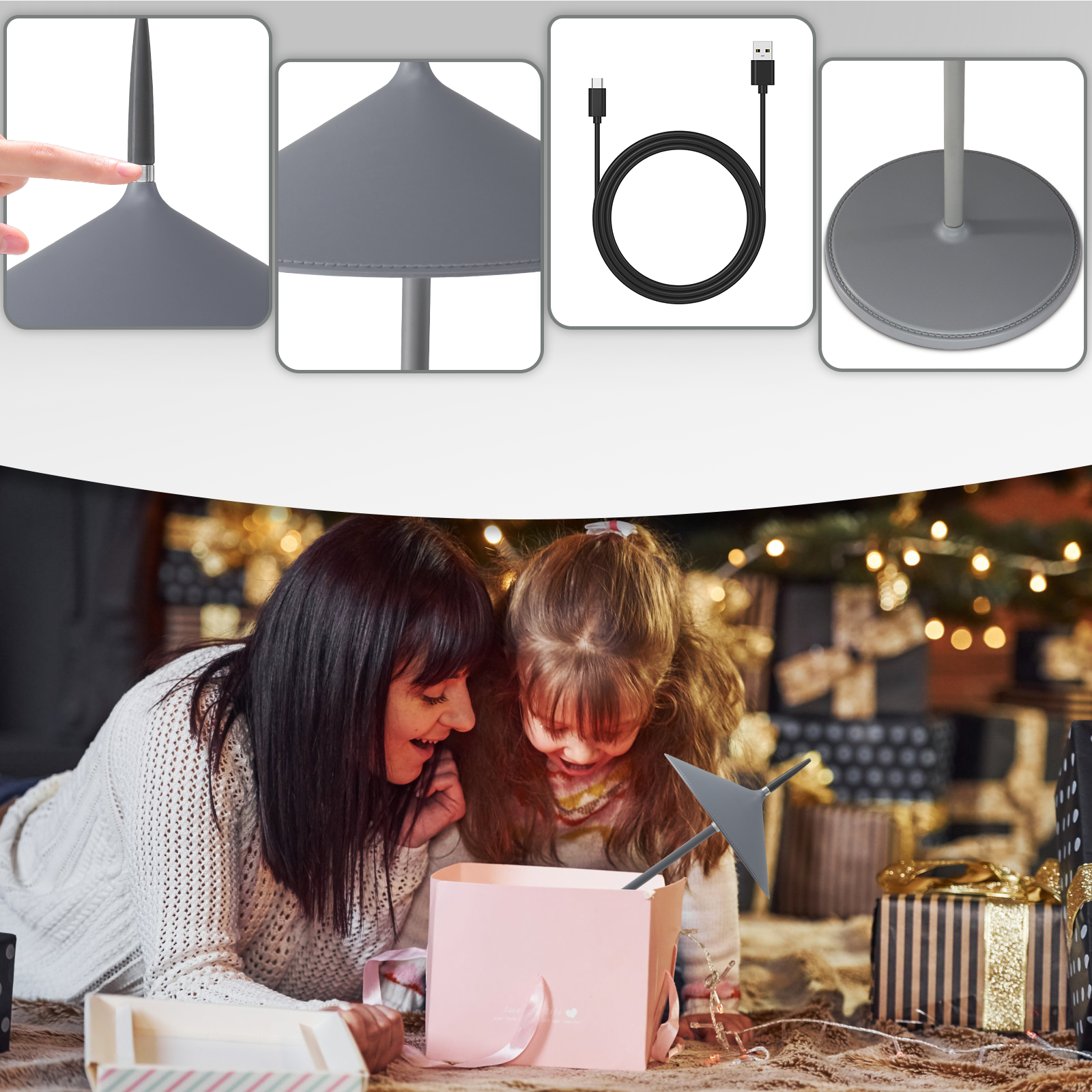 Matka i córka otwierają razem pudełko z prezentem. Widoczne są szczegóły lampy i choinka.