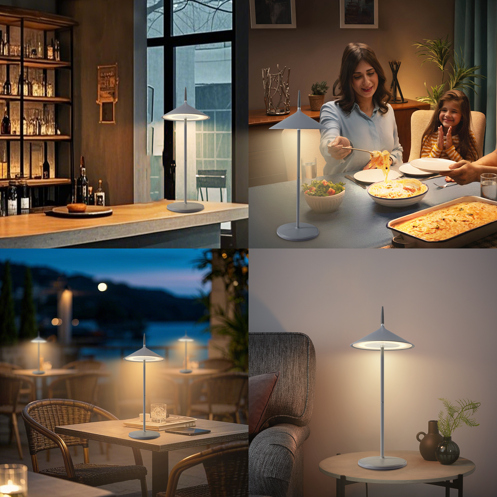 Kolaż nowoczesnej lampy w czterech ustawieniach: bar, rodzinny obiad, kawiarnia na świeżym powietrzu i salon.