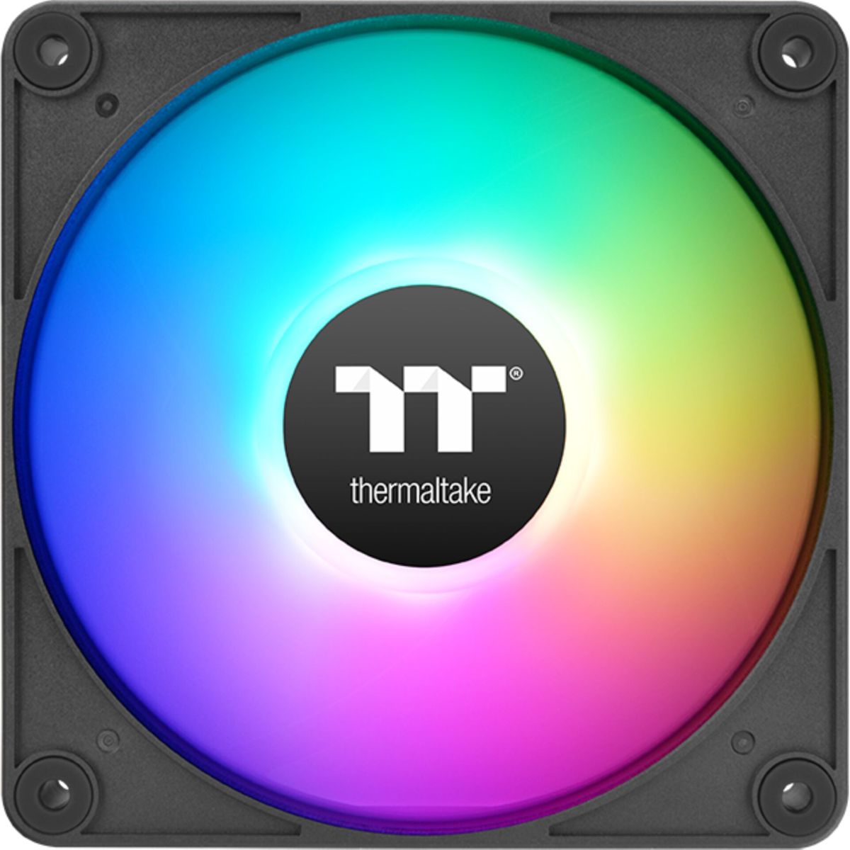 Ein kreisförmiger PC-Lüfter mit Regenbogen-LED-Leuchten. Das Thermaltake-Logo ist zentriert.