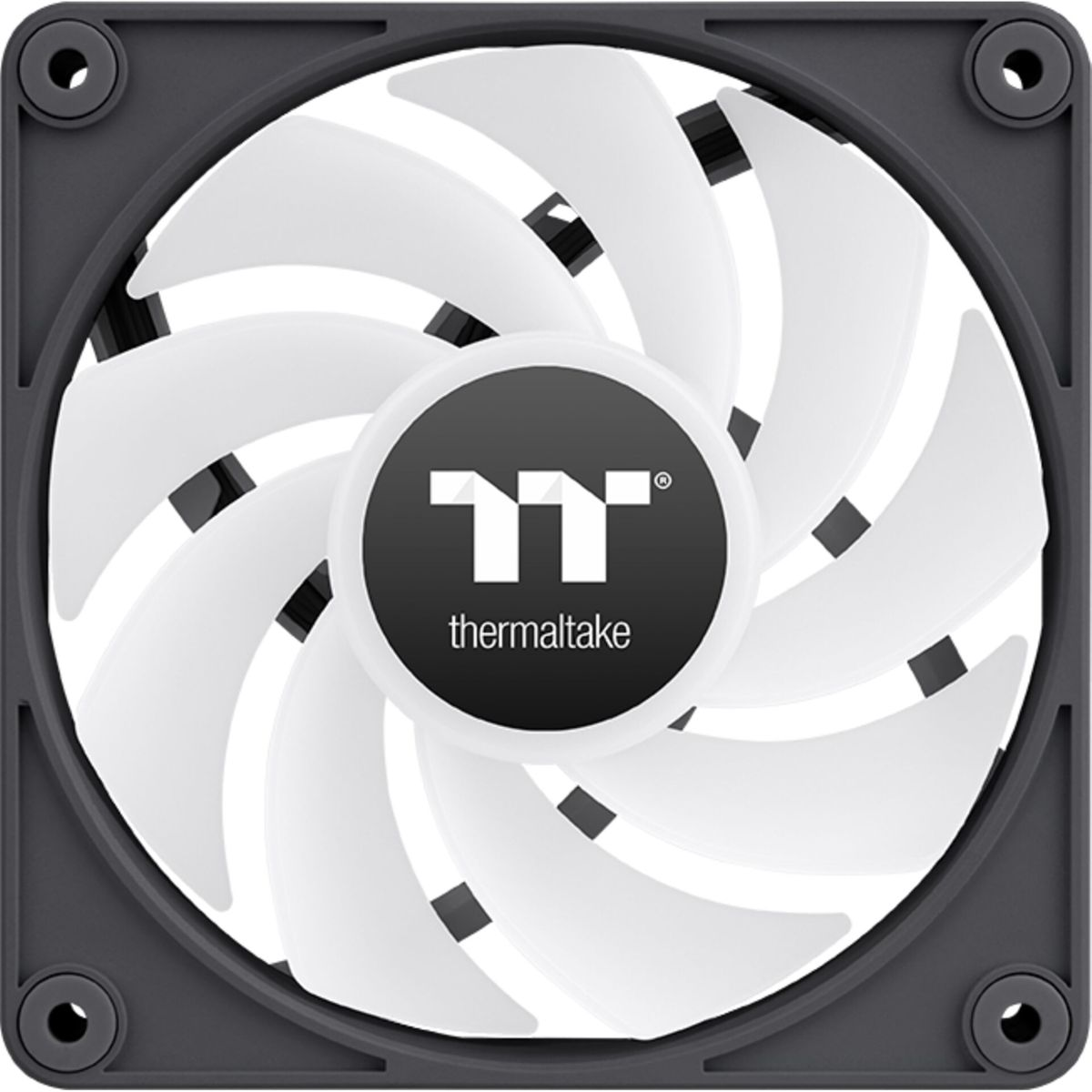 Ein Computerlüfter mit weißen Blättern und einem schwarzen Rahmen. Der Markenname „thermaltake“ ist in der Mitte sichtbar.