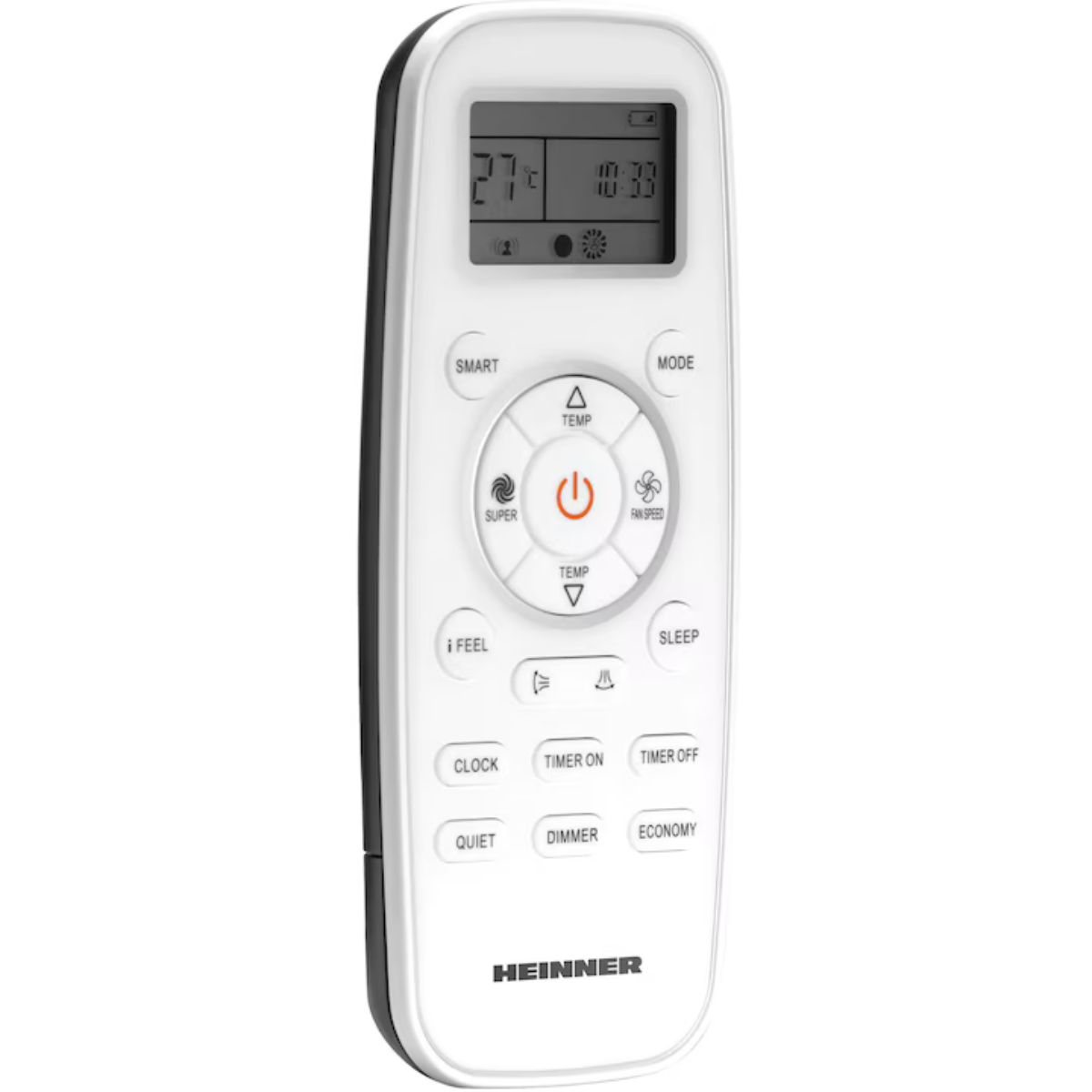 A white remote control with buttons. It displays the time and temperature.