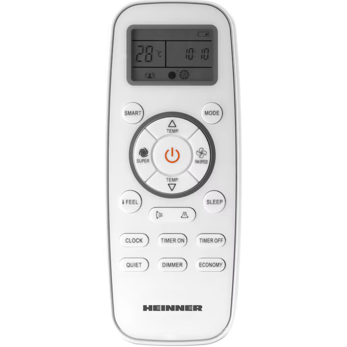 A white remote control with buttons and a display showing time and temperature.