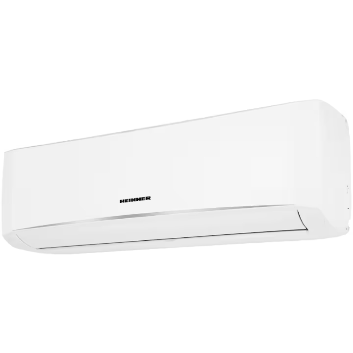 A white Heinner air conditioner unit is mounted on a white wall, viewed from a low angle.