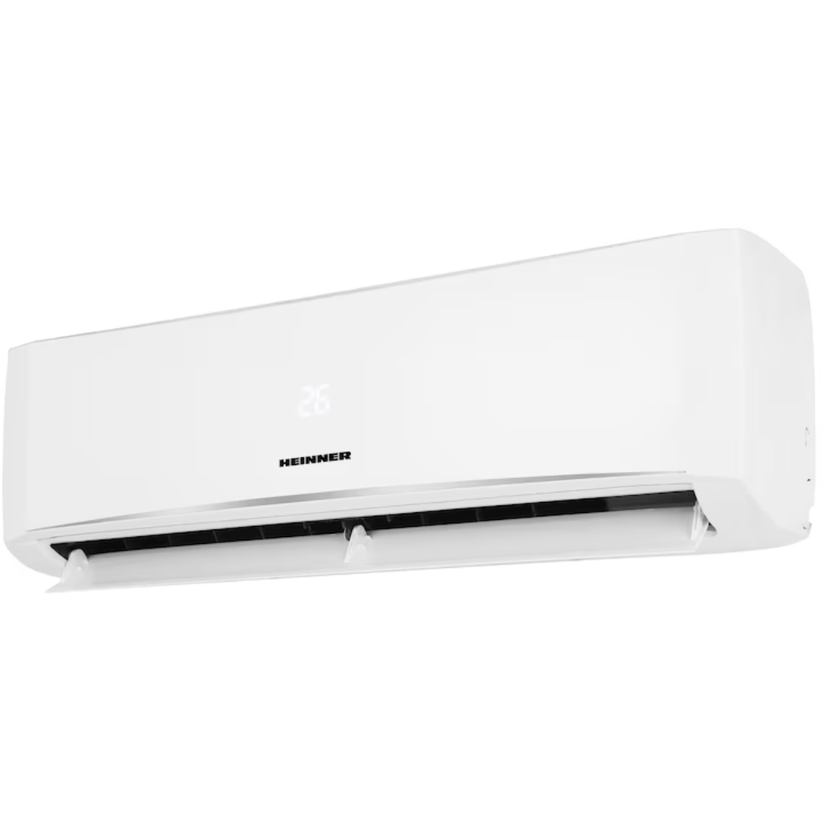 A white air conditioning unit on a wall. It displays the temperature and the brand name.
