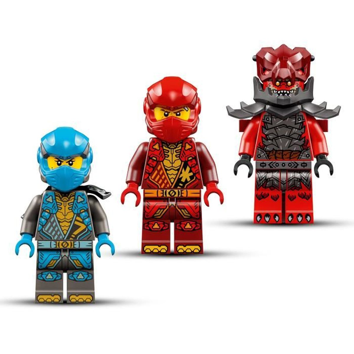 Trzy minifigurki Lego Ninjago: niebieski ninja, czerwony ninja i czerwona postać podobna do demona.