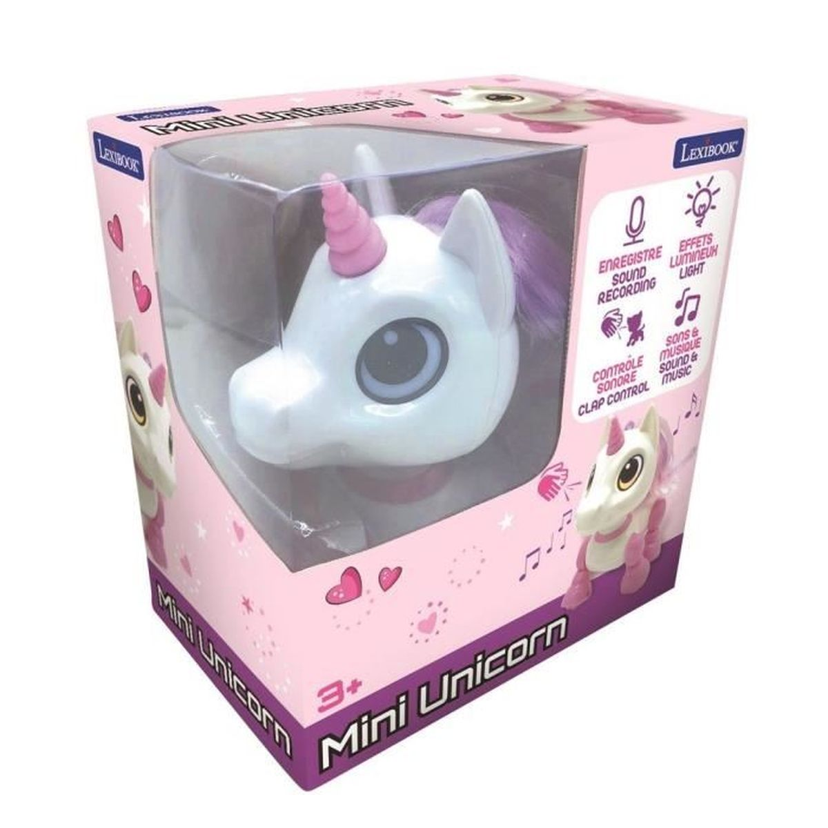 Un juguete Lexibook Mini Unicorn en una caja, con una cabeza de unicornio blanco con pelo morado.