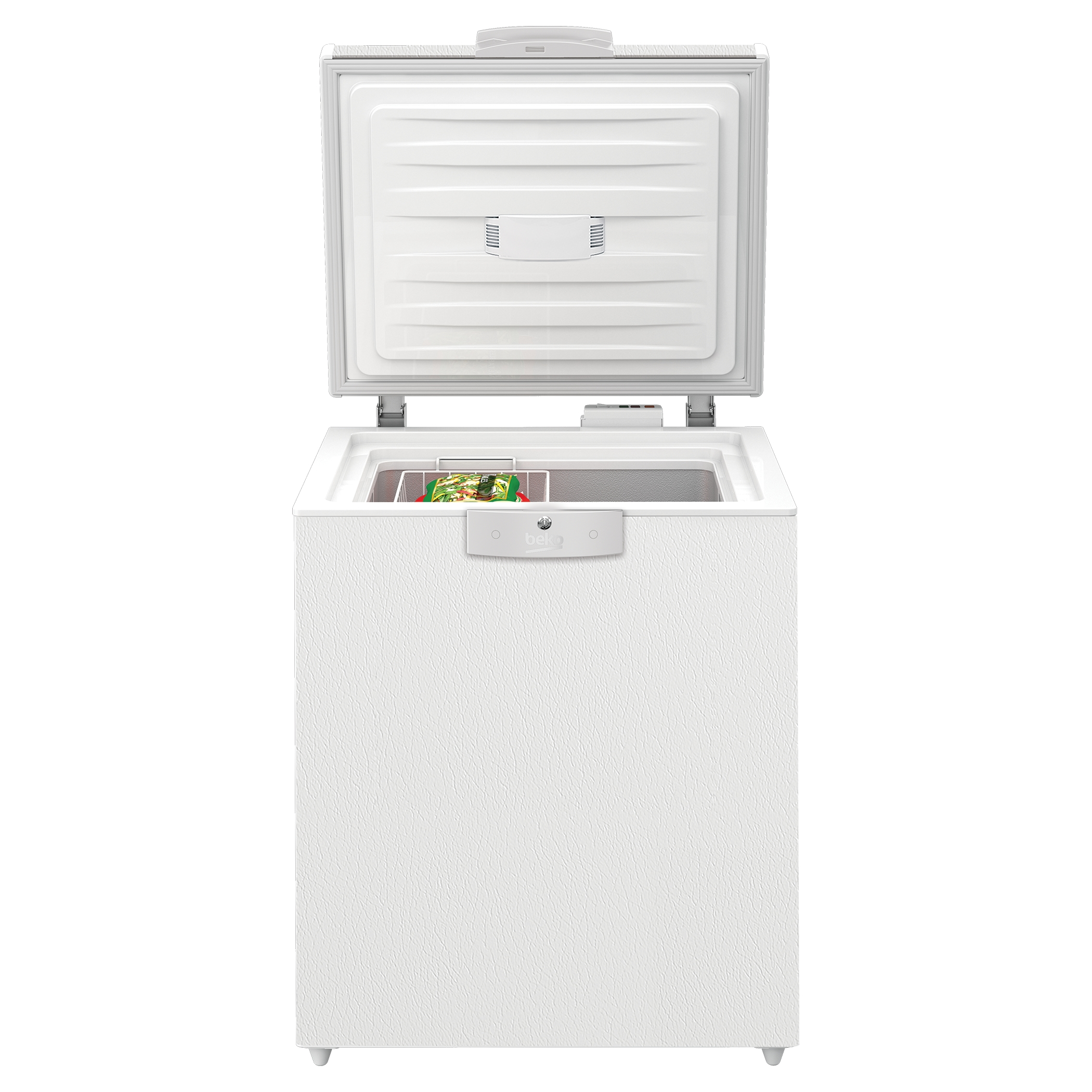 A white freezer with an open lid. Inside are some green packages.