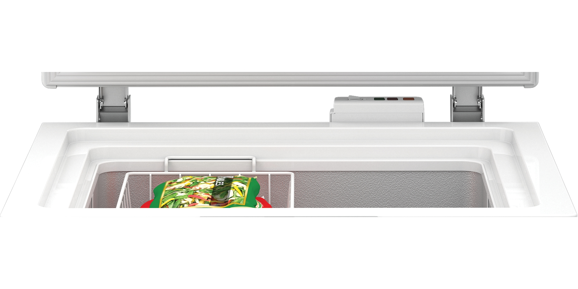 White freezer, open. A bag of vegetables is inside. A bar is above. The background is white.