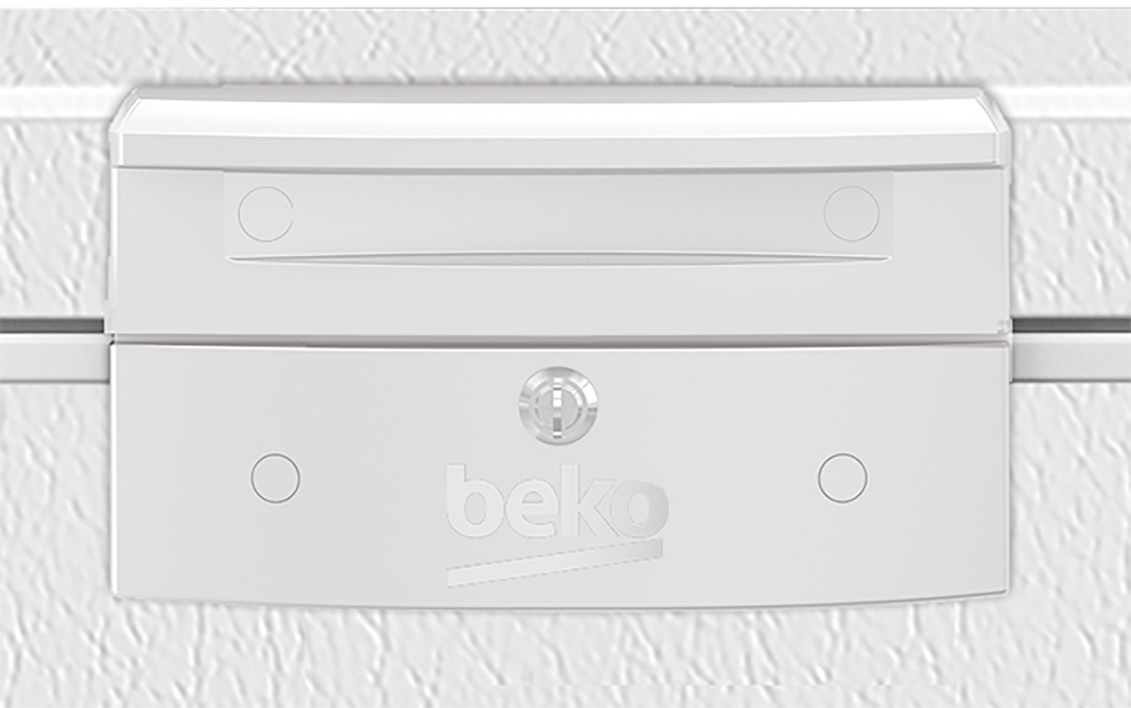 A white fridge door. The Beko logo in silver. Two circles on either side of a keyhole.