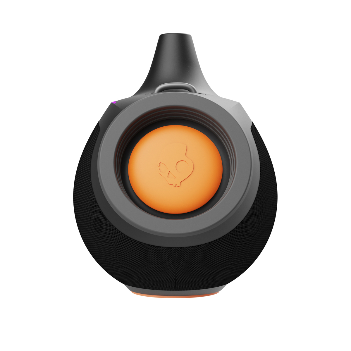 Altavoz Skullcandy negro. Centro naranja con logo de calavera. Malla negra. Parte superior negra.