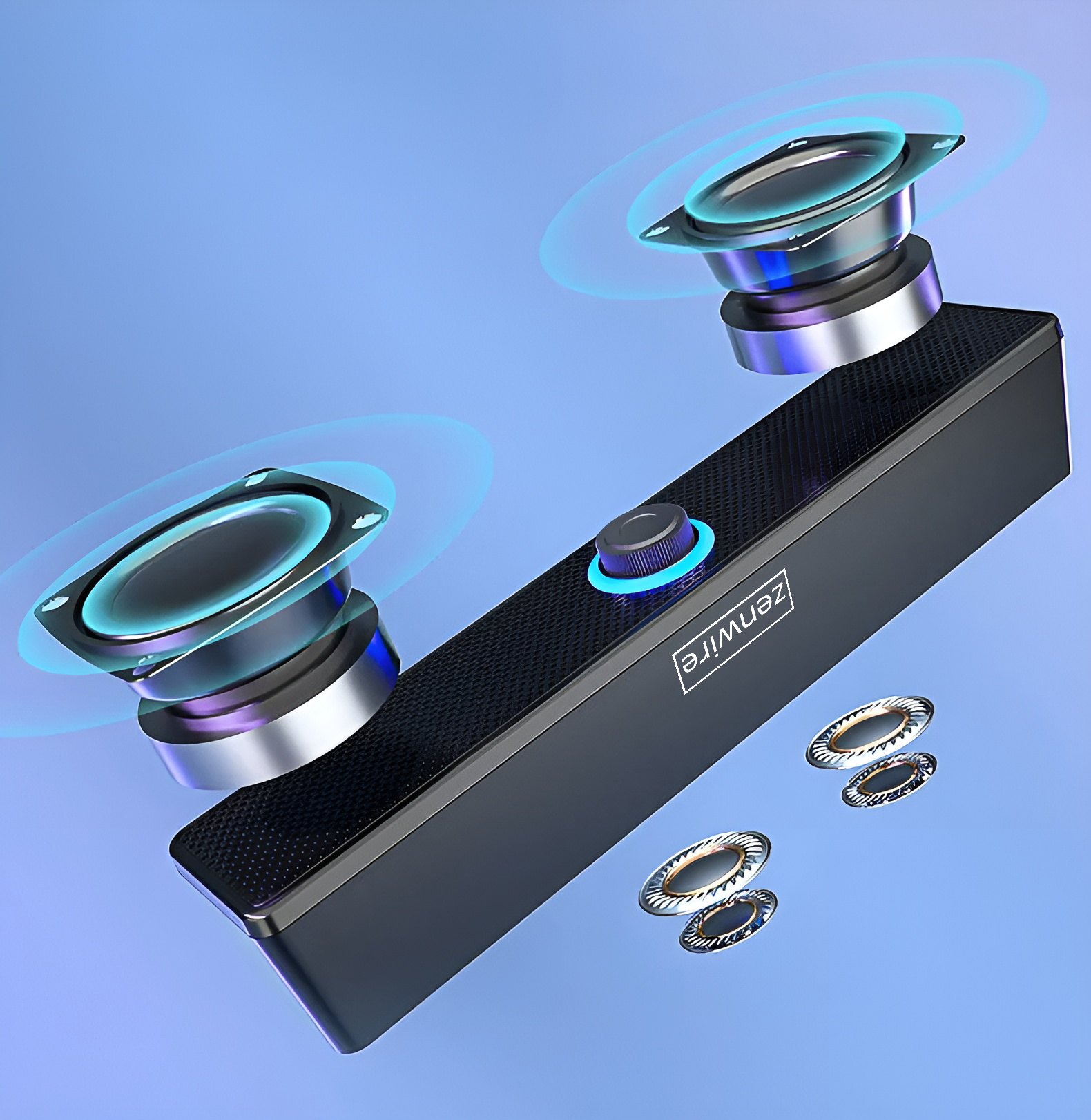 Czarny głośnik Zenwire z widocznymi falami dźwiękowymi i podświetlanym na niebiesko pokrętłem głośności.