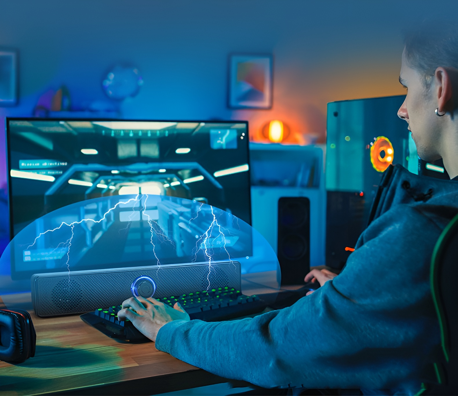 Mężczyzna grający na klawiaturze, monitor z grą, soundbar z efektem błyskawicy.