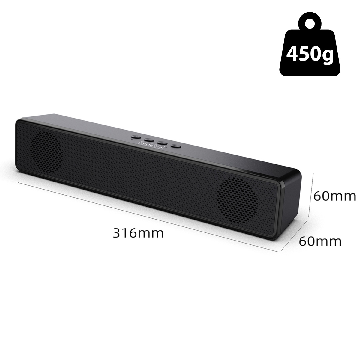 Czarny soundbar z wymiarami; 316 mm długości, 60 mm wysokości i 60 mm szerokości, o wadze 450 g.