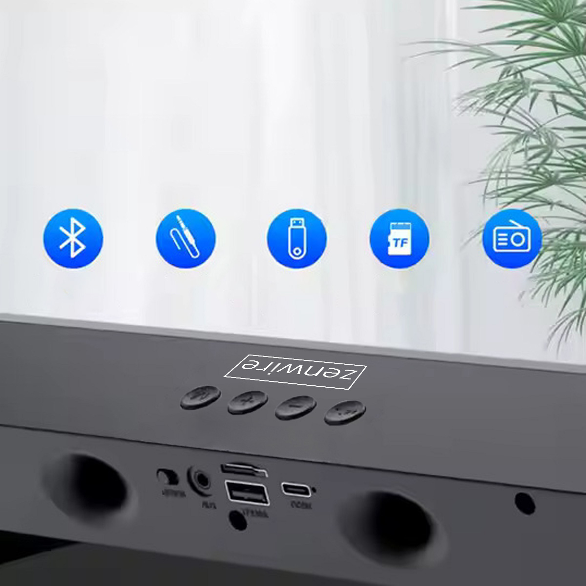 Zbliżenie soundbaru z przyciskami i różnymi portami połączeniowymi.