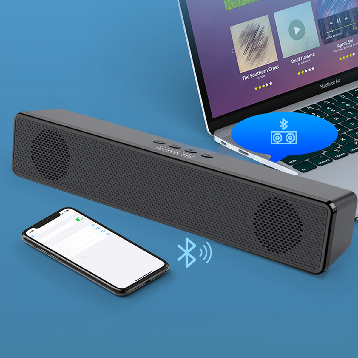 Soundbar podłączony do laptopa i telefonu, z symbolami łączności Bluetooth.