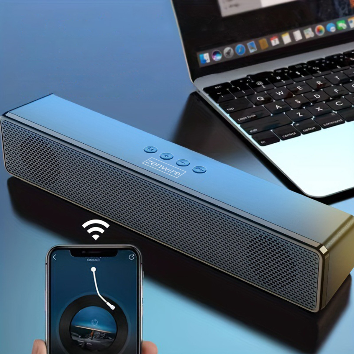 Czarny i niebieski soundbar z laptopem po prawej i telefonem z aplikacją muzyczną po lewej.