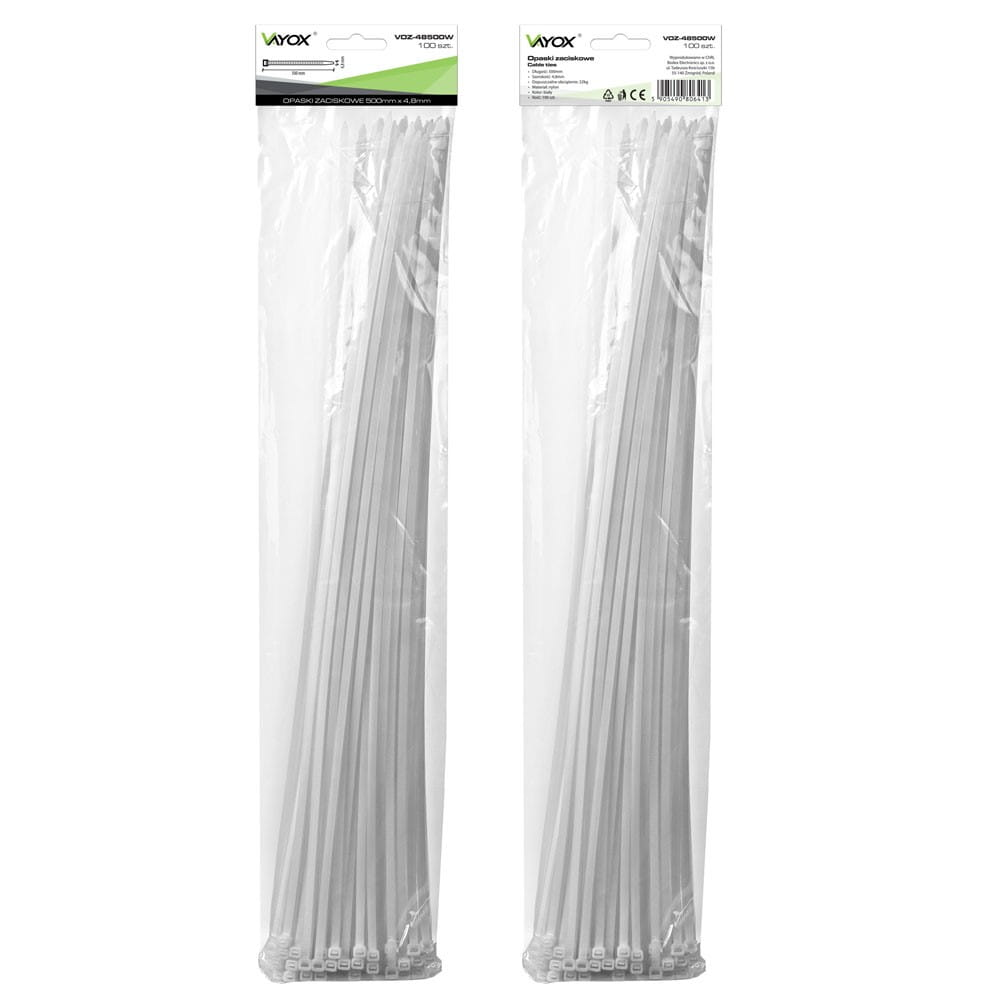 Dwa przezroczyste plastikowe opakowania opasek kablowych. Każde opakowanie ma etykietę z tekstem.