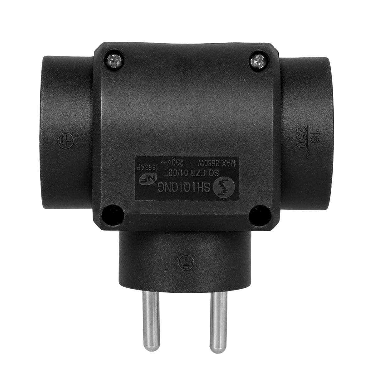 Czarny, trójdrożny adapter. Ma dwa bolce i etykietę z tekstem. Widok z góry.