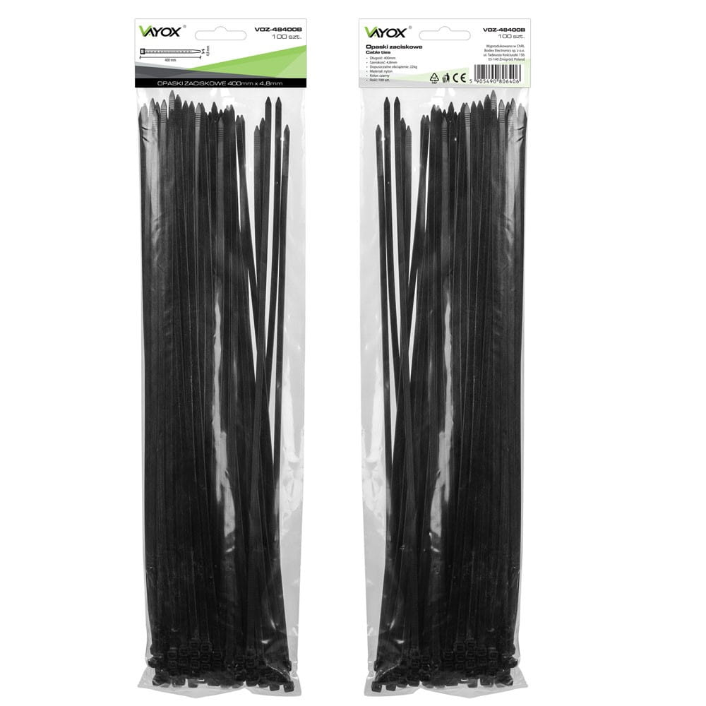 Dwa opakowania czarnych opasek zaciskowych. Każde opakowanie pokazuje wiele opasek i nazwę marki.