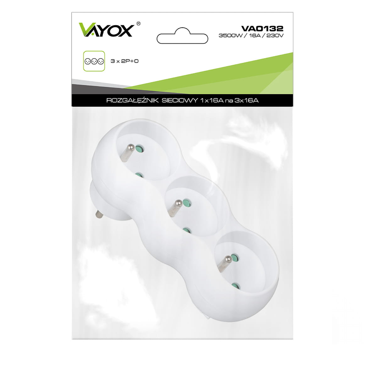 Biała listwa zasilająca z trzema gniazdami. Jest zapakowana z przezroczystym plastikowym przodem.