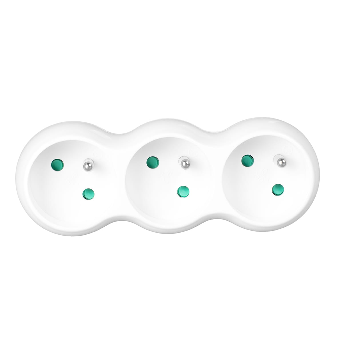 Biała listwa zasilająca z trzema gniazdami z zielonymi środkami. Gniazda są ustawione w rzędzie.
