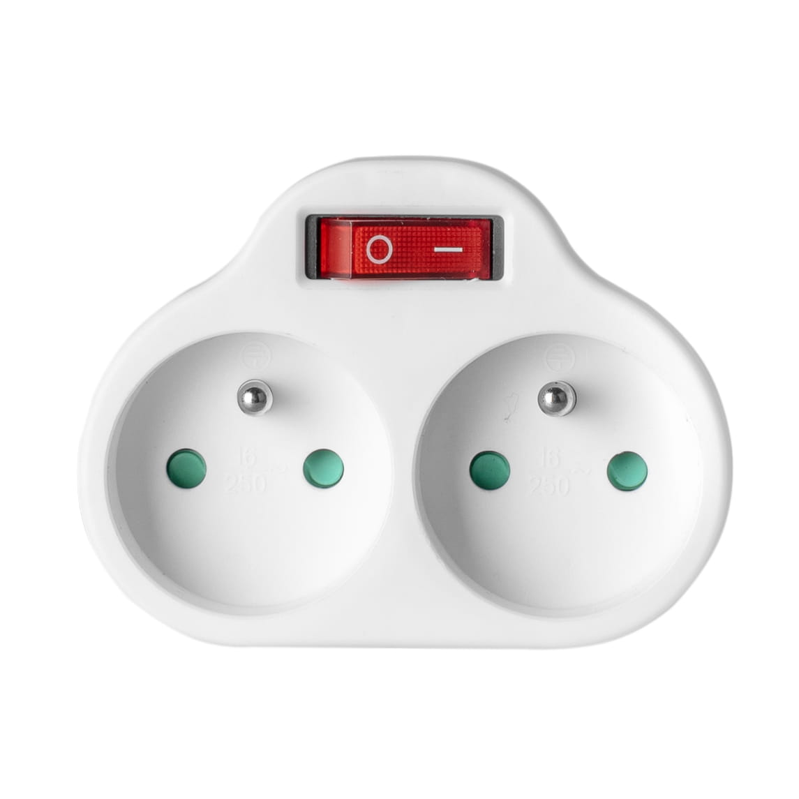 Biały, dwugniazdowy adapter z czerwonym przełącznikiem pośrodku. Brak innych szczegółów.