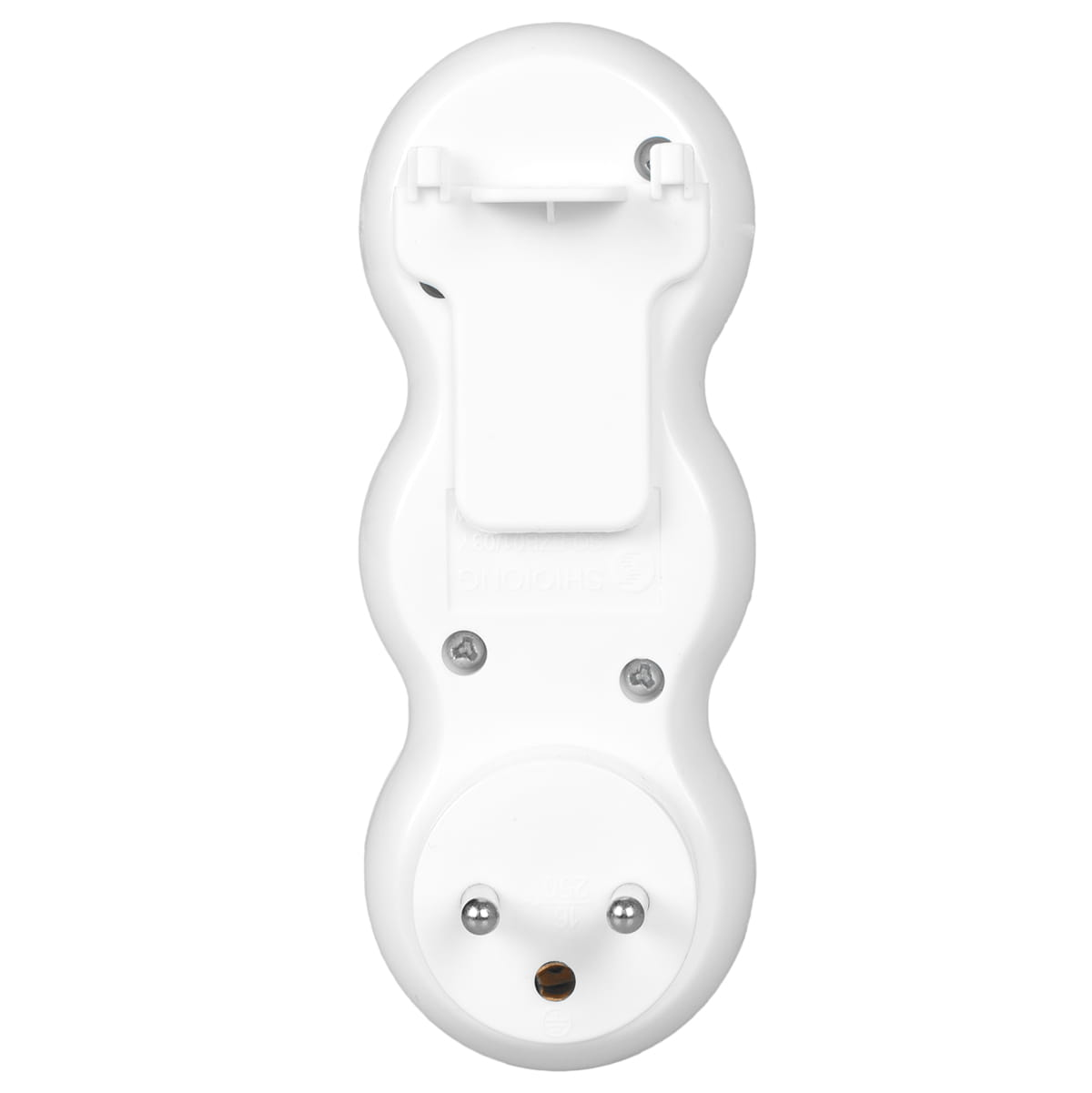 Tył białego, trójgniazdowego adaptera. Ma dwa otwory na śruby. Widok z góry.